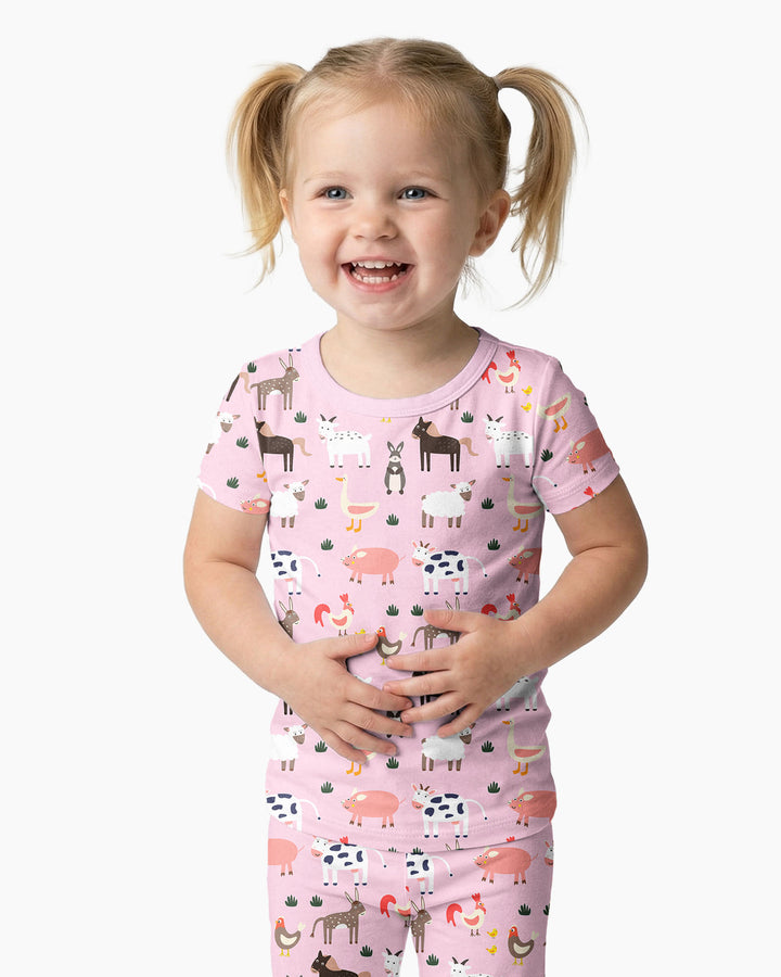 Pink Farm Animals Bamboo Two Piece Short Sleeve Pajama Set