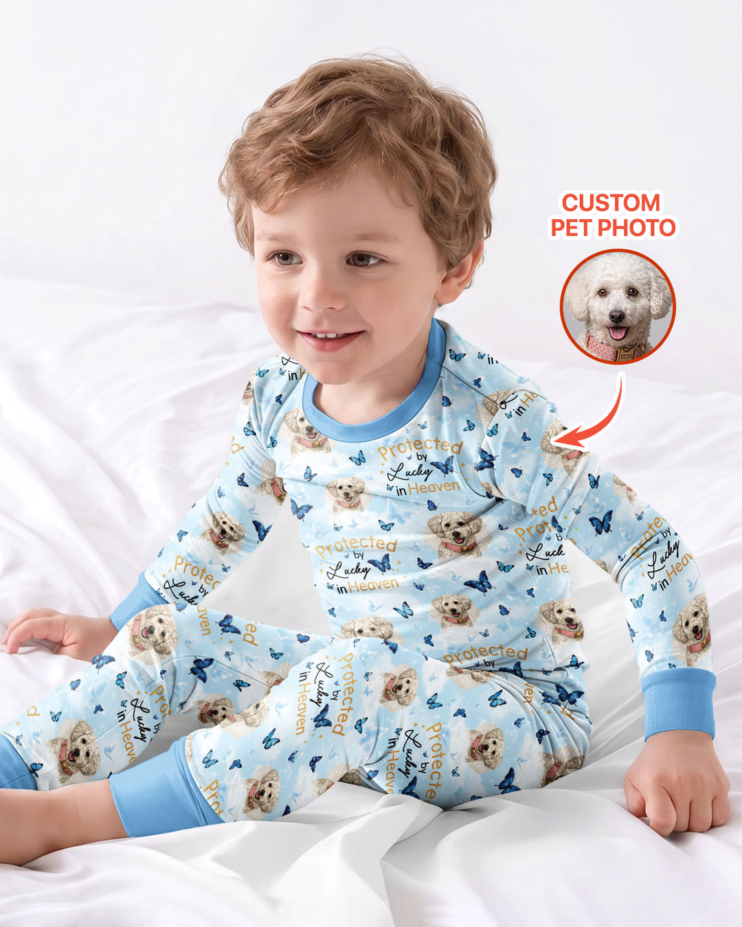 Custom Pet Photo Protected By Heaven Family Matching Bamboo Two Piece Long Sleeve Pajama Set