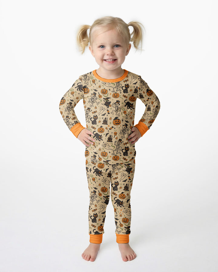 Vintage Skeleton Pumpkin Halloween Bamboo Two Piece Long Sleeve Pajama Set