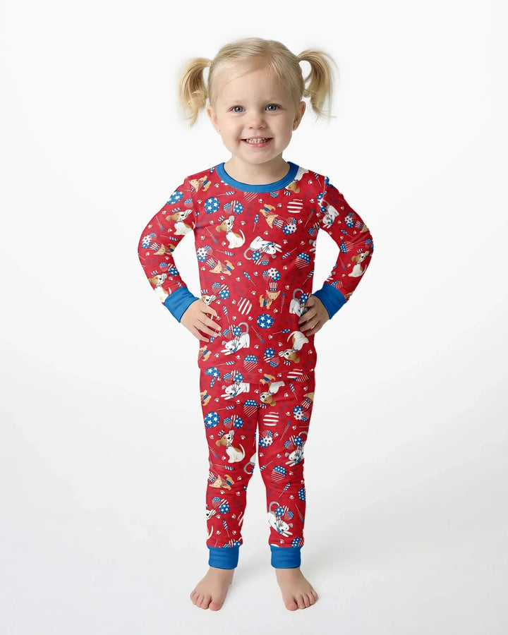 Conjunto de Pijama de Dos Piezas de Bambú de Manga Larga a Juego Familiar "Red, White & Woof"