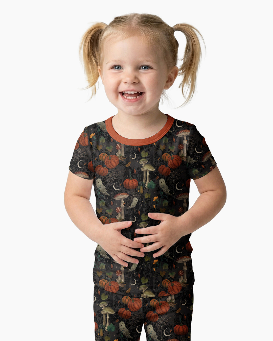 Spooky Cute Ghost Pumpkin Mushroom Halloween Bamboo Two Piece Short Sleeve Pajama Set