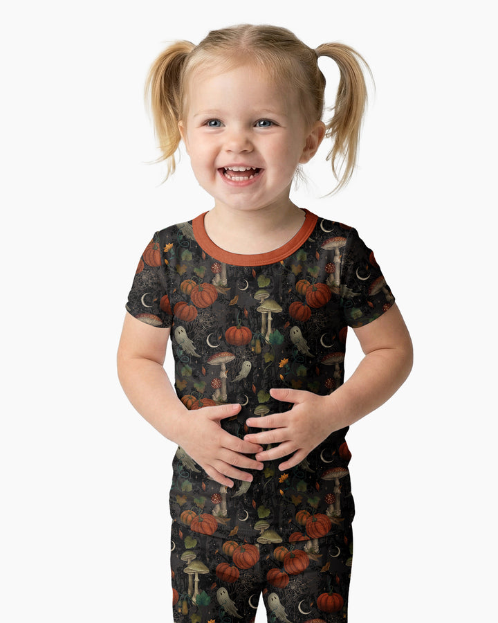 Spooky Cute Ghost Pumpkin Mushroom Halloween Bamboo Two Piece Short Sleeve Pajama Set