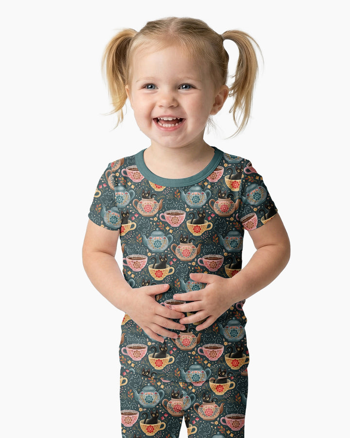 Folk Floral Black Cat Tea Party Bamboo Two Piece Short Sleeve Pajama Set