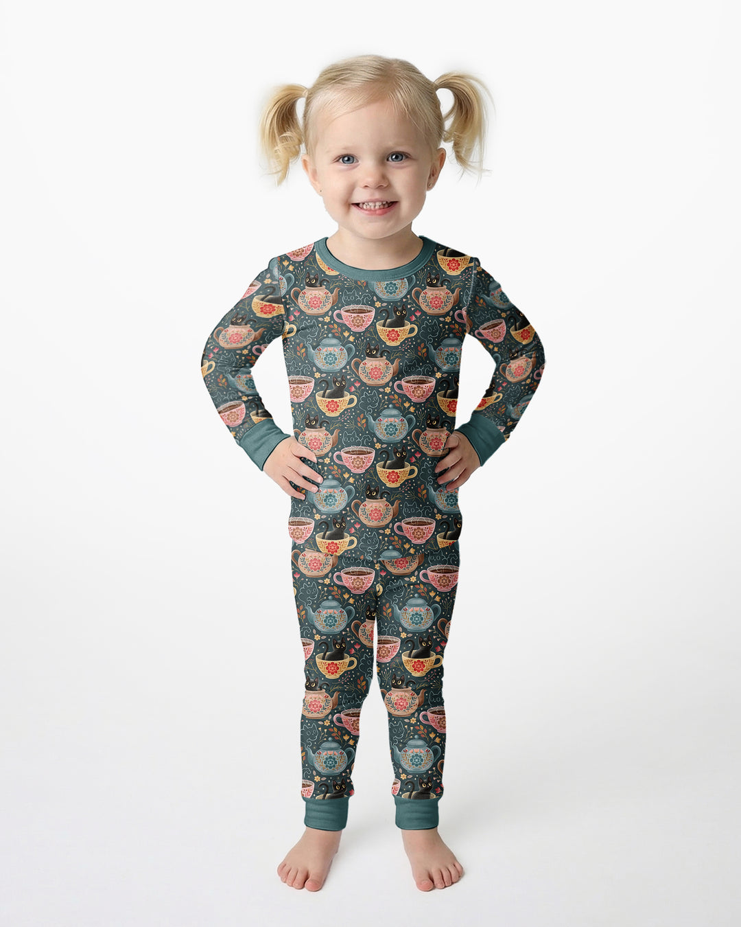 Folk Floral Black Cat Tea Party Bamboo Two Piece Long Sleeve Pajama Set