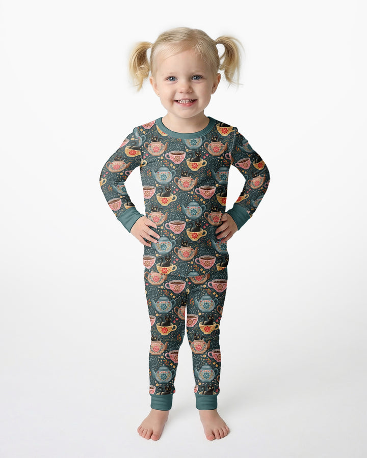 Folk Floral Black Cat Tea Party Bamboo Two Piece Long Sleeve Pajama Set