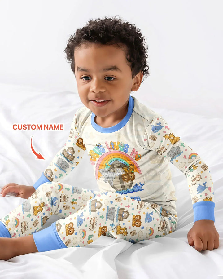 Custom Name Noah's Ark Jesus Loves Me Bamboo Two Piece Long Sleeve Pajama Set
