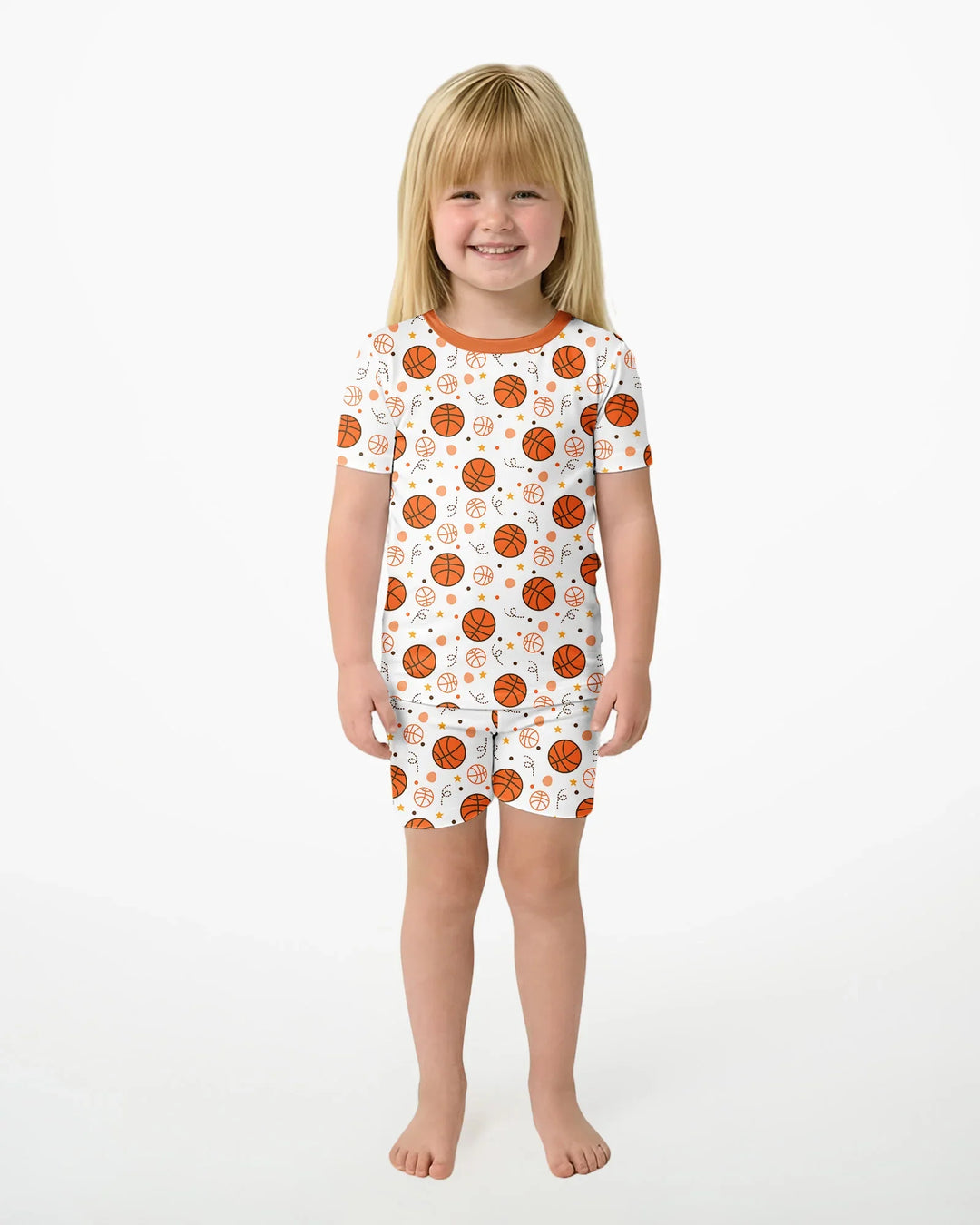 Conjunto de pijama de dos piezas de baloncesto naranja de bambú de manga corta y pantalón corto
