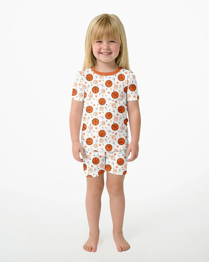 Conjunto de pijama de dos piezas de baloncesto naranja de bambú de manga corta y pantalón corto