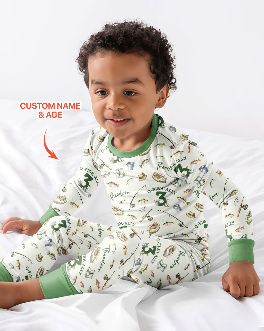 Personalized Fishing Birthday  Bamboo Two Piece Long Sleeve Pajama Set