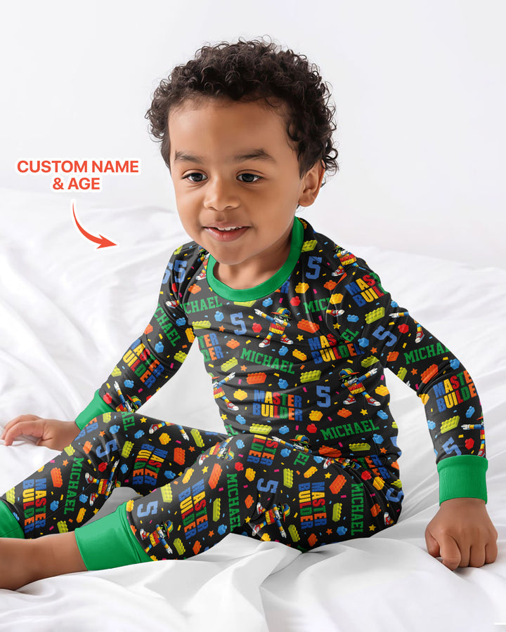 Custom Name and Age Master Builder Birthday Bamboo Two Piece Long Sleeve Pajama Set