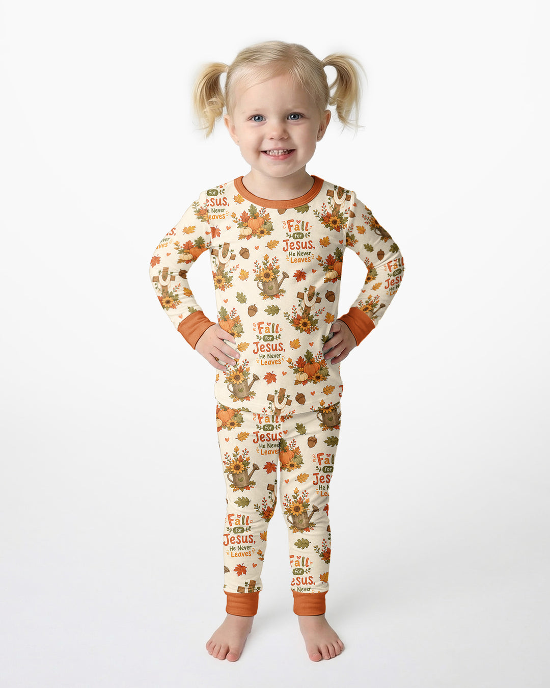 Fall For Jesus He Never Leaves Bamboo Two Piece Long Sleeve Pajama Set