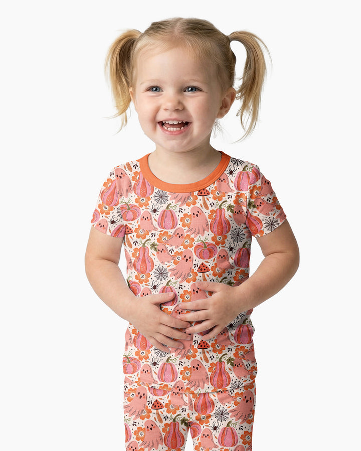 Pink Ghost Pumpkin Fall Floral Halloween Bamboo Two Piece Short Sleeve Pajama Set