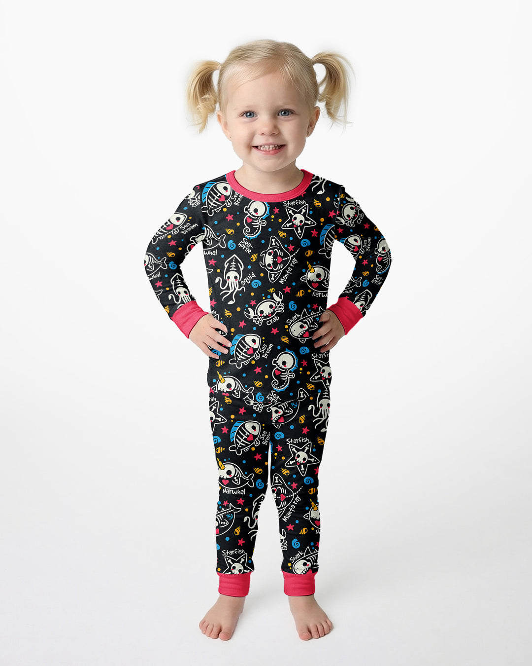 Kawaii Skeleton Ocean Animals Bamboo Two Piece Long Sleeve Pajama Set