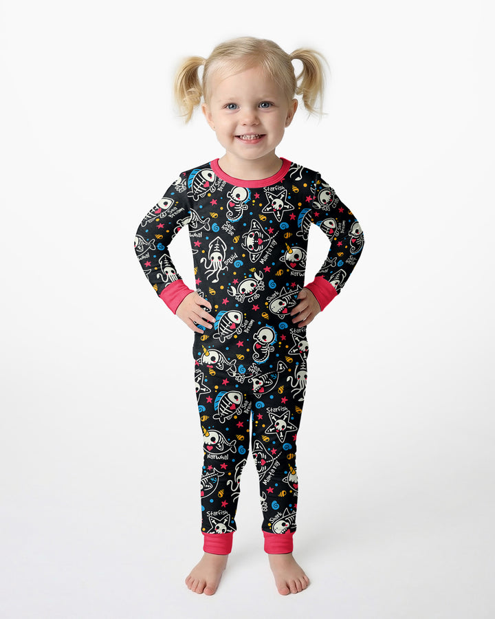 Kawaii Skeleton Ocean Animals Bamboo Two Piece Long Sleeve Pajama Set