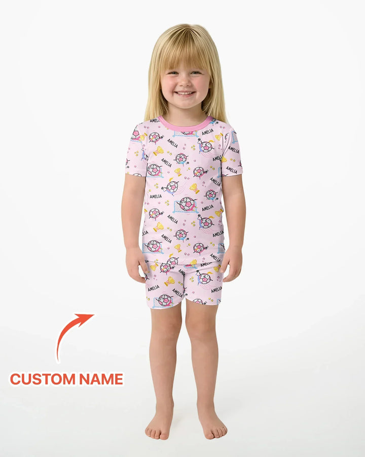 Conjunto de pijama de dos piezas de bambú a juego para papá futbolero, de manga corta y pantalones cortos, con nombre personalizado