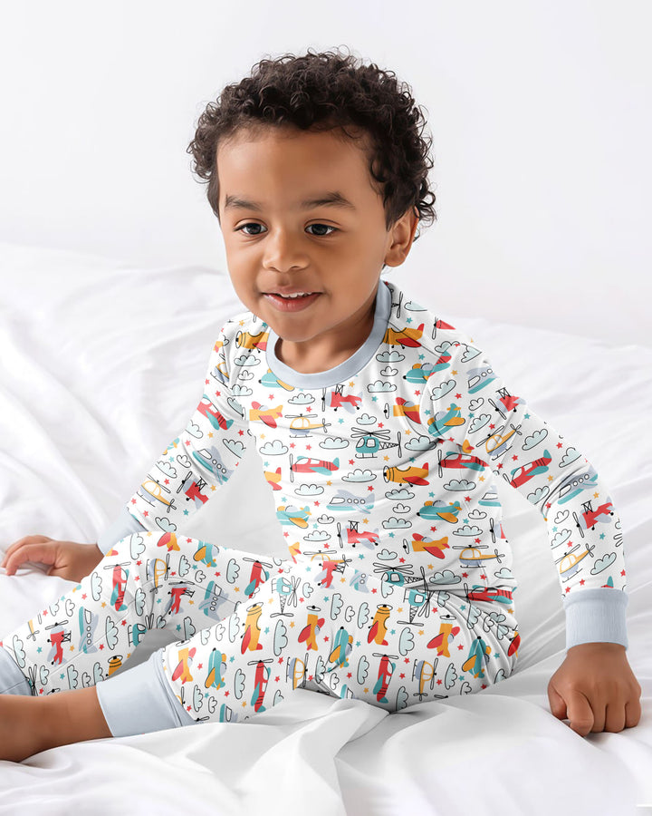 Aviones y helicópteros conjunto de pijama de dos piezas de bambú