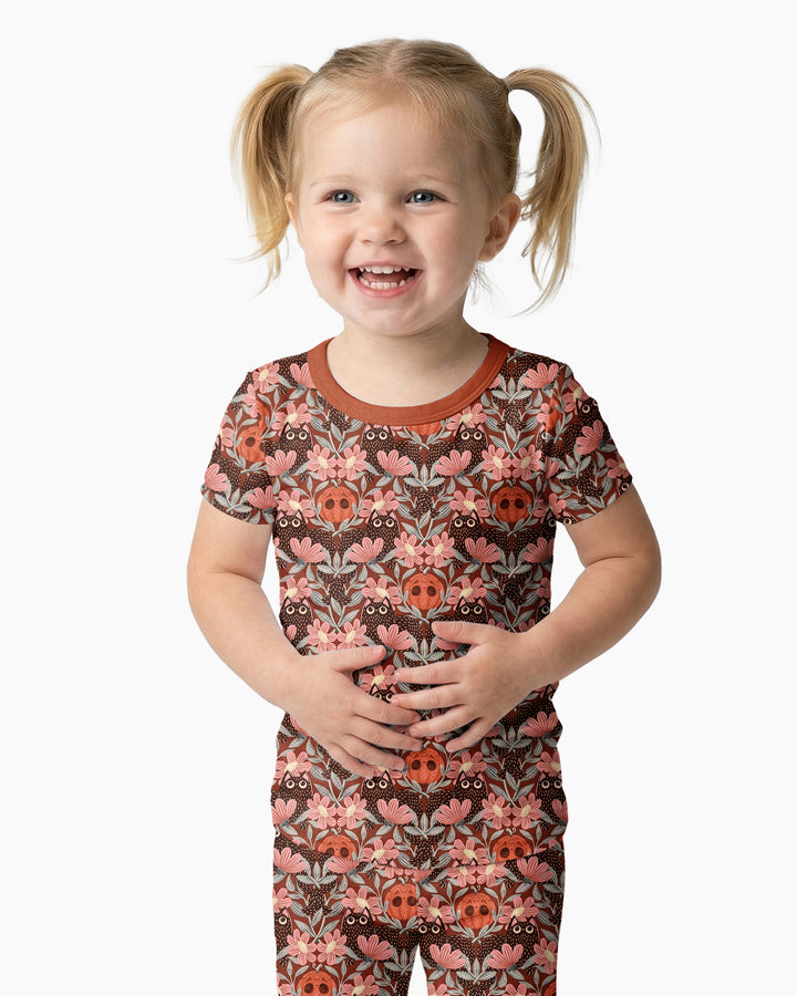 Spooky Owl Pumpkin Folk Floral Halloween Bamboo Two Piece Short Sleeve Pajama Set