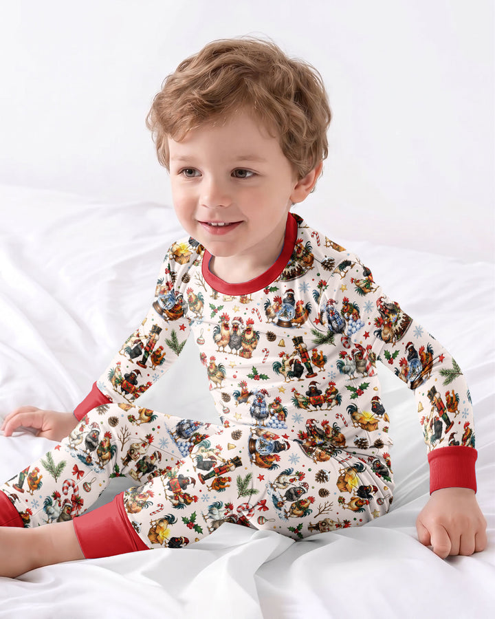 Funny Roosters On Christmas Bamboo Two Piece Long Sleeve Pajama Set