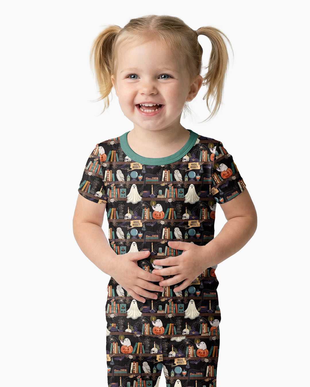 Cute Ghost Witchy Halloween Magic Library Bamboo Two Piece Short Sleeve Pajama Set