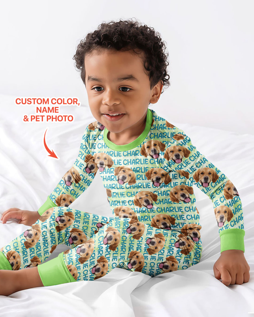 Custom Pet Photo With Name Watercolor Bamboo Two Piece Long Sleeve Pajama Set