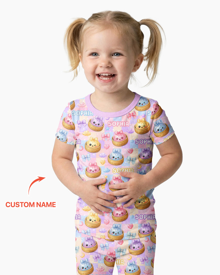 Custom Name Coquette Glitter Dumpling Bamboo Two Piece Short Sleeve Pajama Set