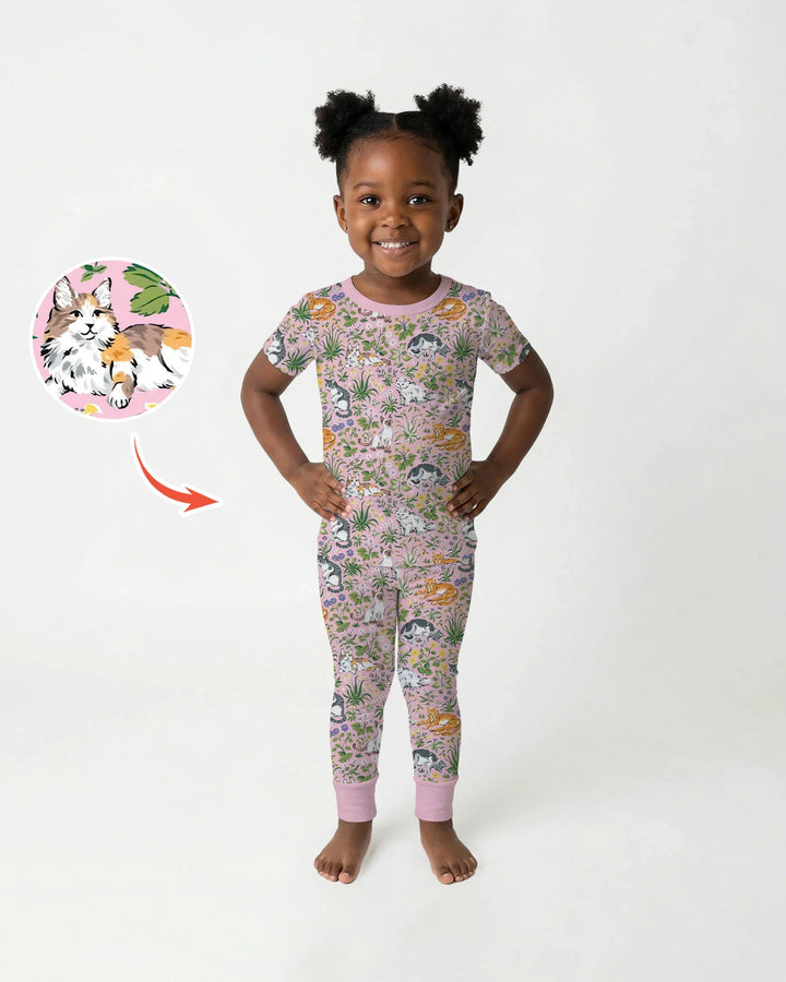 Conjunto de pijama de dos piezas de bambú de manga corta a juego para la familia Kitten Garden