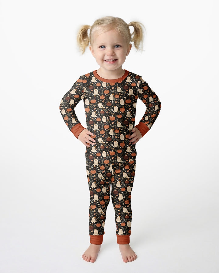 Ghost Pumpkin Harvest Floral Halloween Bamboo Two Piece Long Sleeve Pajama Set