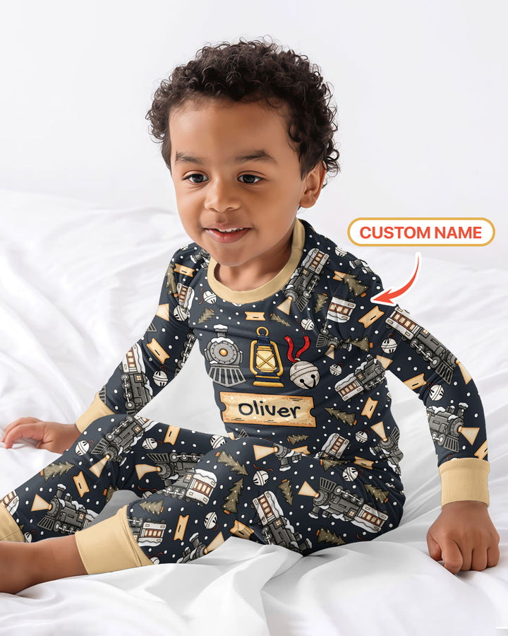 Custom Name Believe Kid Train Bamboo Two Piece Long Sleeve Pajama Set