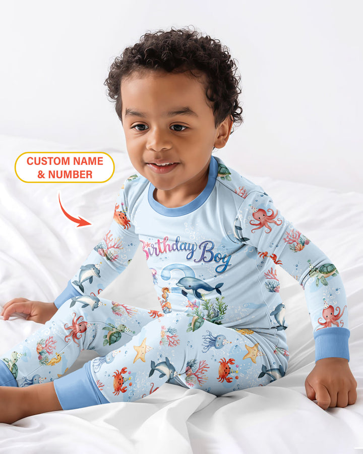 Under the Sea Birthday Custom Name & Age Bamboo Two Piece Long Sleeve Pajama Set