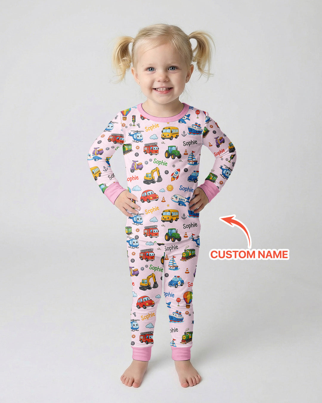 Custom Name Cute Transport Bamboo Two Piece Long Sleeve Pajama Set