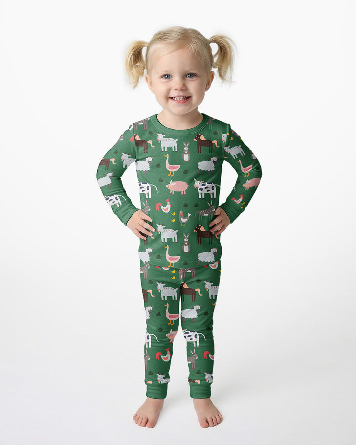 Green Farm Animals Bamboo Two Piece Pajama Set