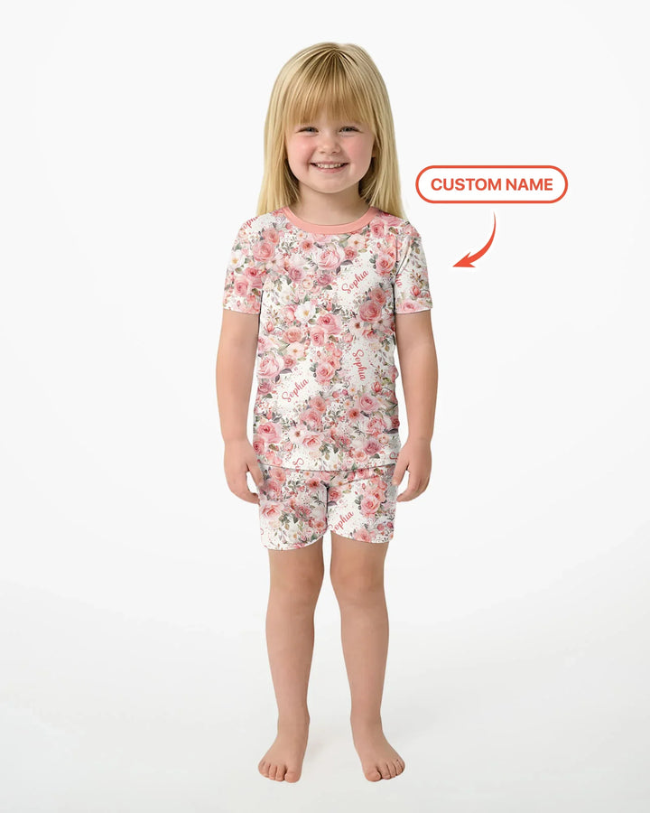 Custom Name Birth Month Flowers Bamboo Two Piece Short Sleeve Shorts Pajama Set
