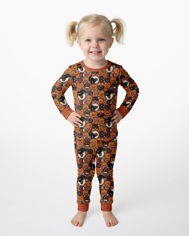 Vintage Halloween Black Cat Pumpkin Bamboo Two Piece Long Sleeve Pajama Set