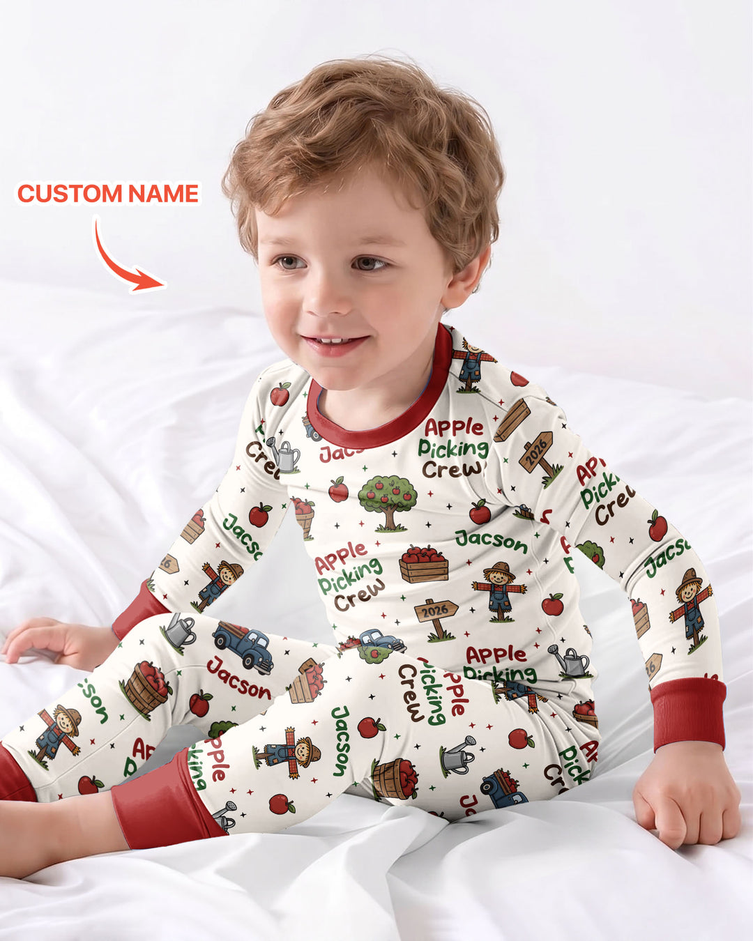 Custom Name Apple Picking Crew Bamboo Two Piece Long Sleeve Pajama Set