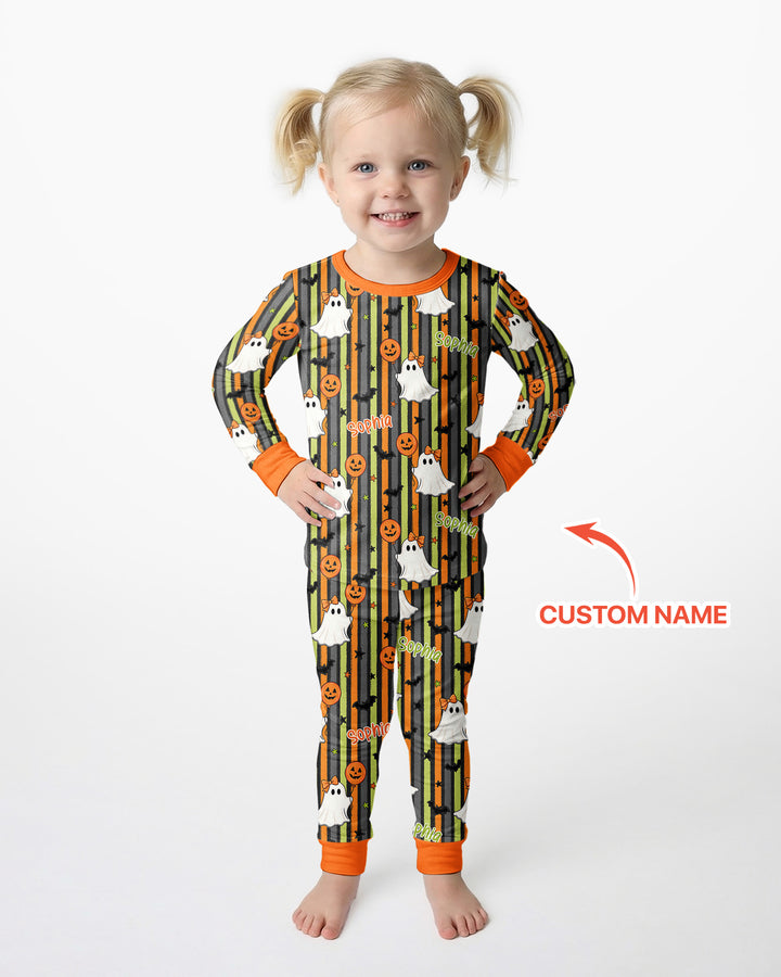Custom Name Ghost Holding Balloon Bamboo Two Piece Long Sleeve Pajama Set