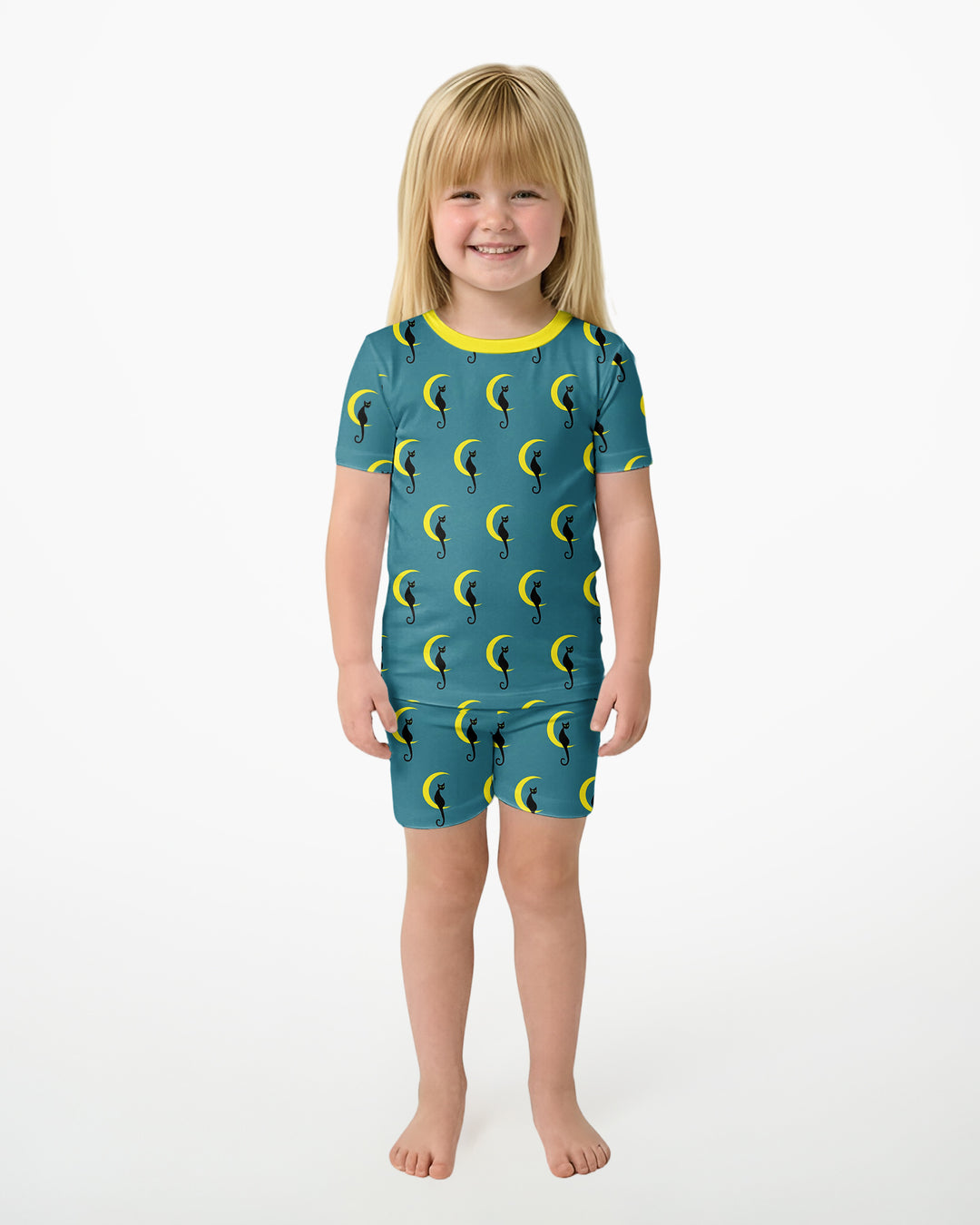 Black Cat Crescent Moon Celestial Night Bamboo Two Piece Short Sleeve Shorts Pajama Set