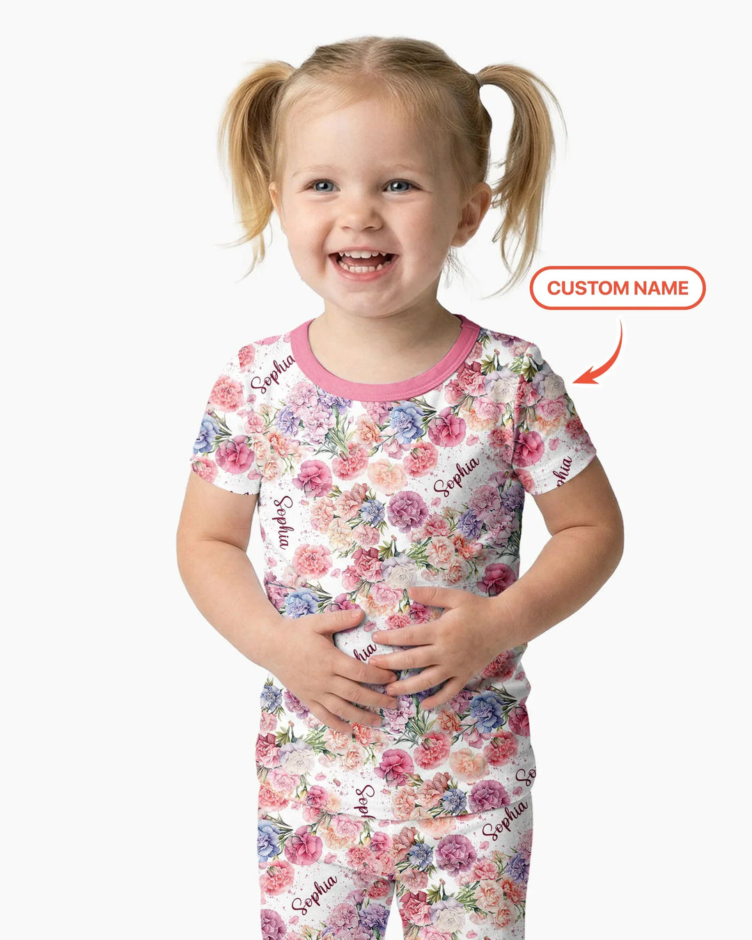 Custom Name Birth Month Flowers Bamboo Two Piece Short Sleeve Pajama Set