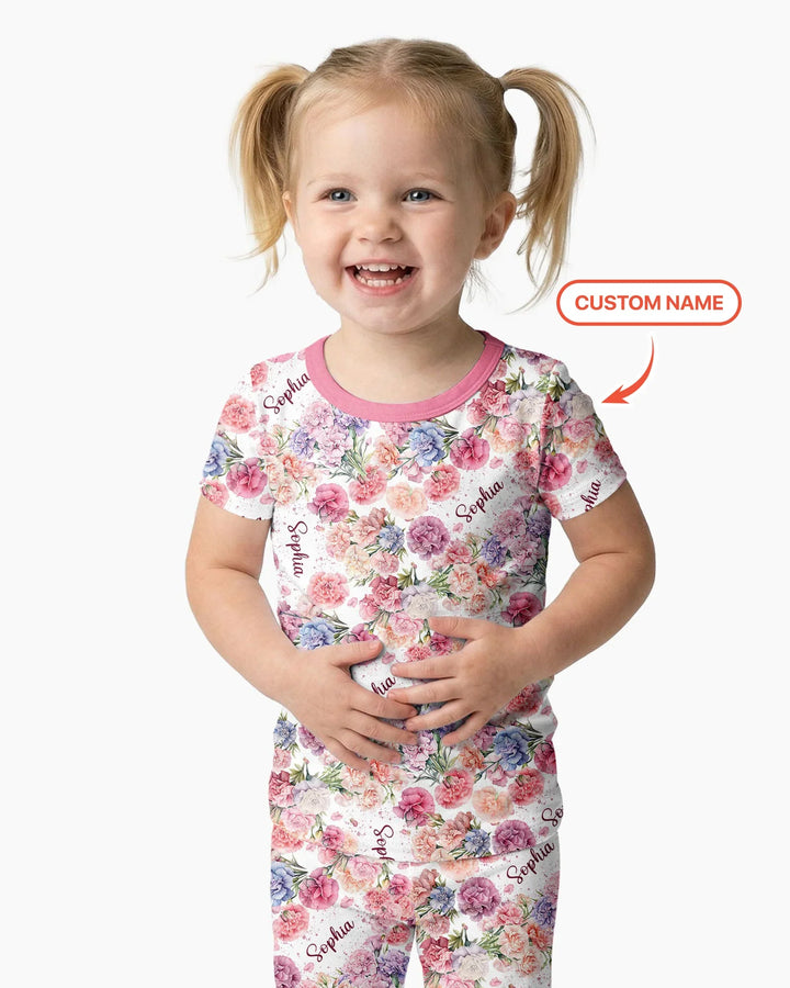 Custom Name Birth Month Flowers Bamboo Two Piece Short Sleeve Pajama Set