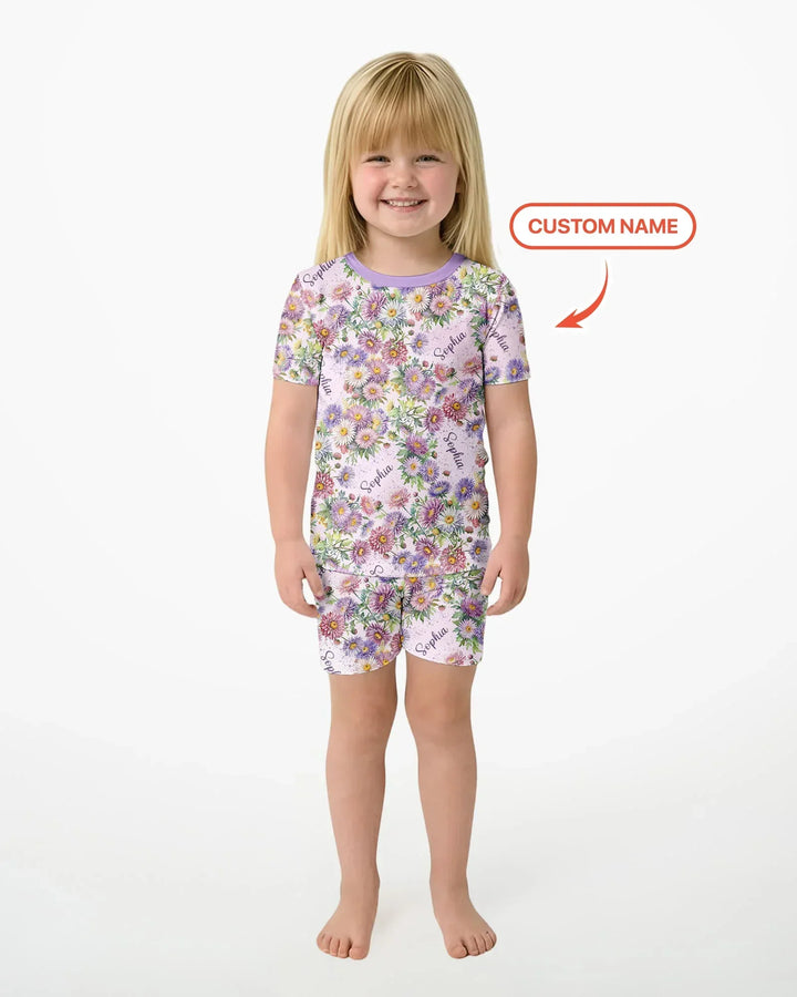 Custom Name Birth Month Flowers Bamboo Two Piece Short Sleeve Shorts Pajama Set
