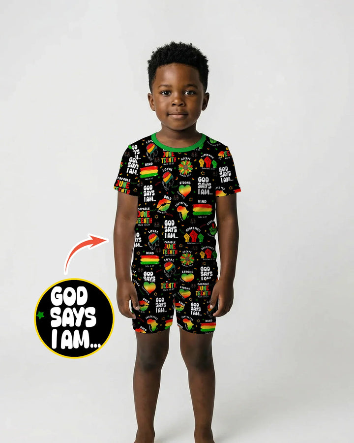 God Says I Am Juneteenth Blessings Bamboo Two Piece Short Sleeve Shorts Pajama Set
