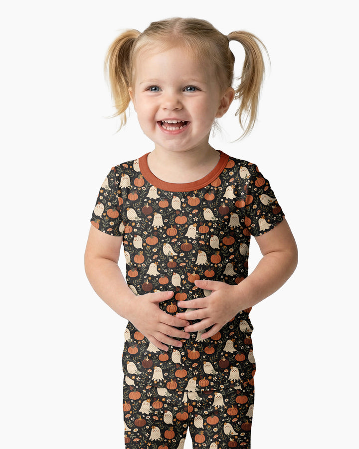 Ghost Pumpkin Harvest Floral Halloween Bamboo Two Piece Short Sleeve Pajama Set