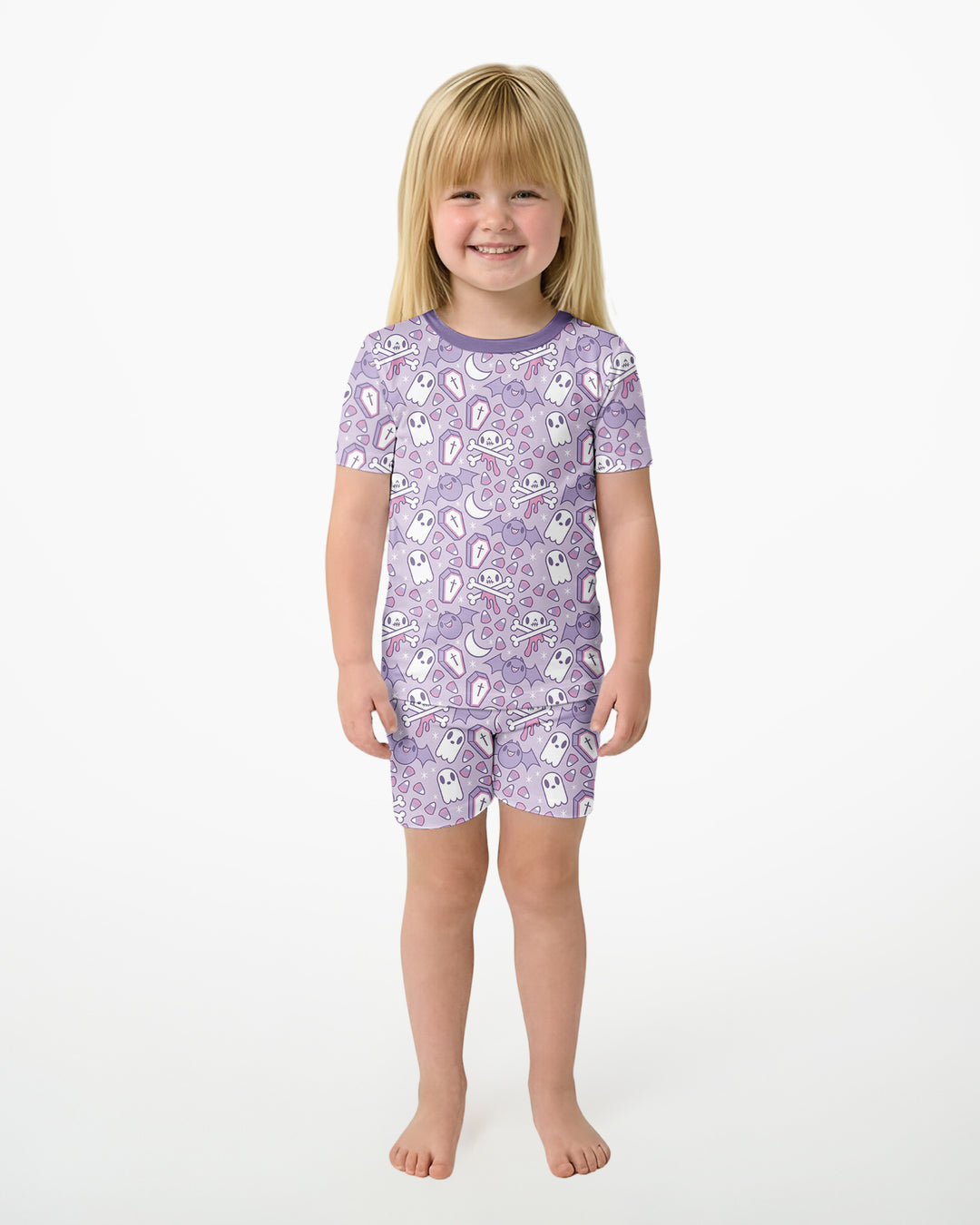 Cute Ghost Halloween Pastel Purple Spooky Bamboo Two Piece Short Sleeve Shorts Pajama Set