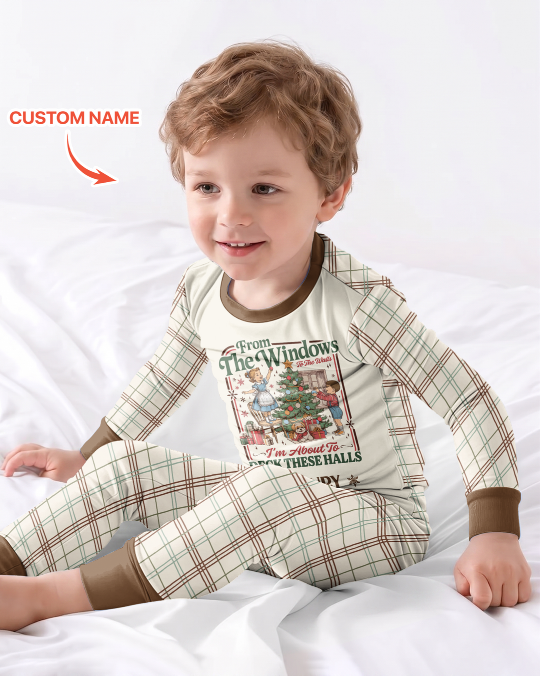 Custom Name Vintage Deck The Halls Bamboo Two Piece Long Sleeve Pajama Set