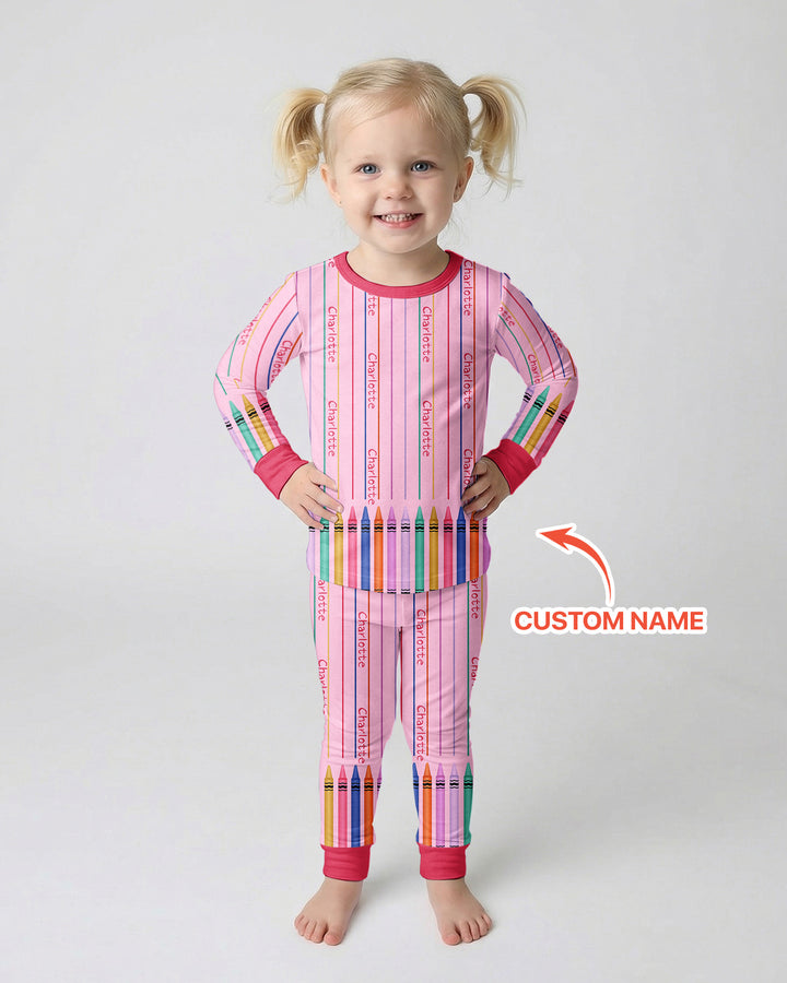Custom Name Crayon Lines Bamboo Two Piece Long Sleeve Pajama Set