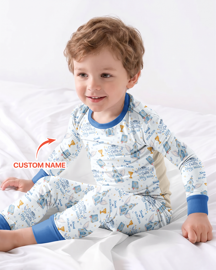 Custom Name Baptism Christening Straight Outta Holy Water Bamboo Two Piece Long Sleeve Pajama Set