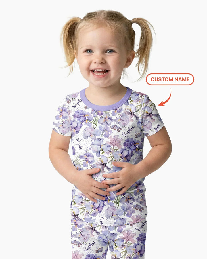 Custom Name Birth Month Flowers Bamboo Two Piece Short Sleeve Pajama Set