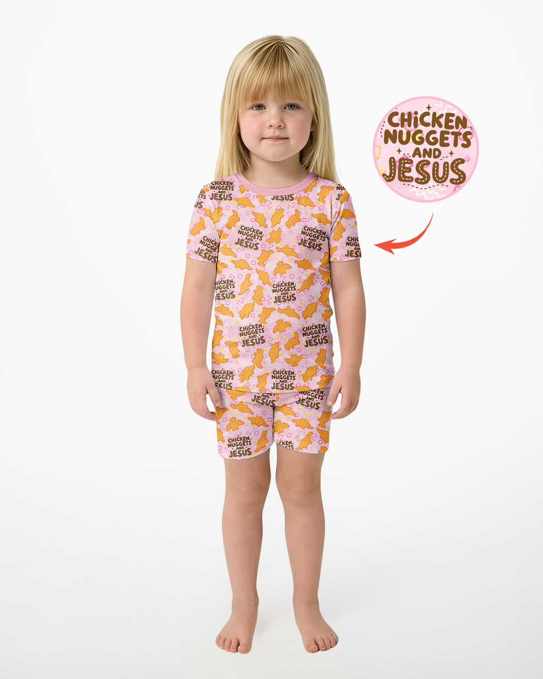 Chicken Nuggets and Jesus Family Matching Bamboo Two Piece Short Sleeve Shorts Pajama Set