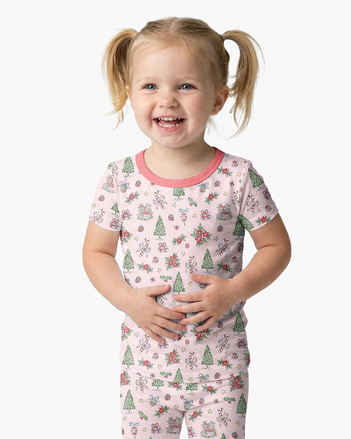 Watercolor Pink Christmas Holidays Christmas Tree Gifts Candy Cane Bamboo Two Piece Short Sleeve Pajama Set