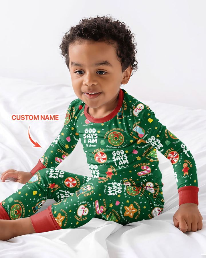 Merry Christmas God Says I Am Custom Name Bamboo Two Piece Long Sleeve Pajama Set