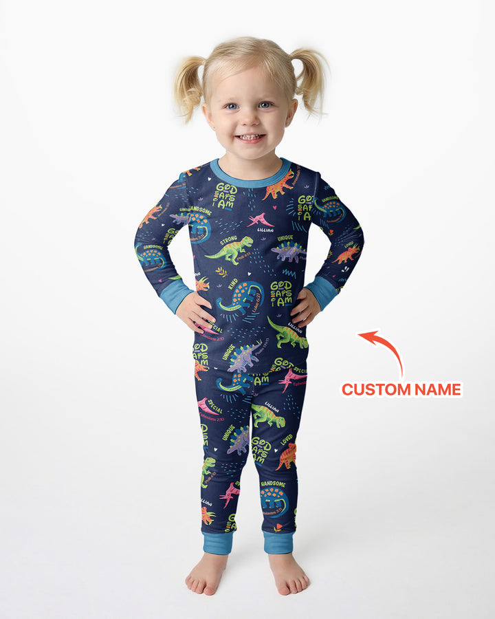 Custom Name God says I am Dinosaur Bamboo Two Piece Long Sleeve Pajama Set